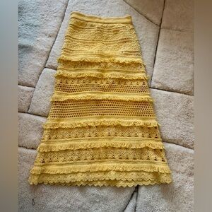 Maje Yellow Crochet Fringe Maxi Skirt